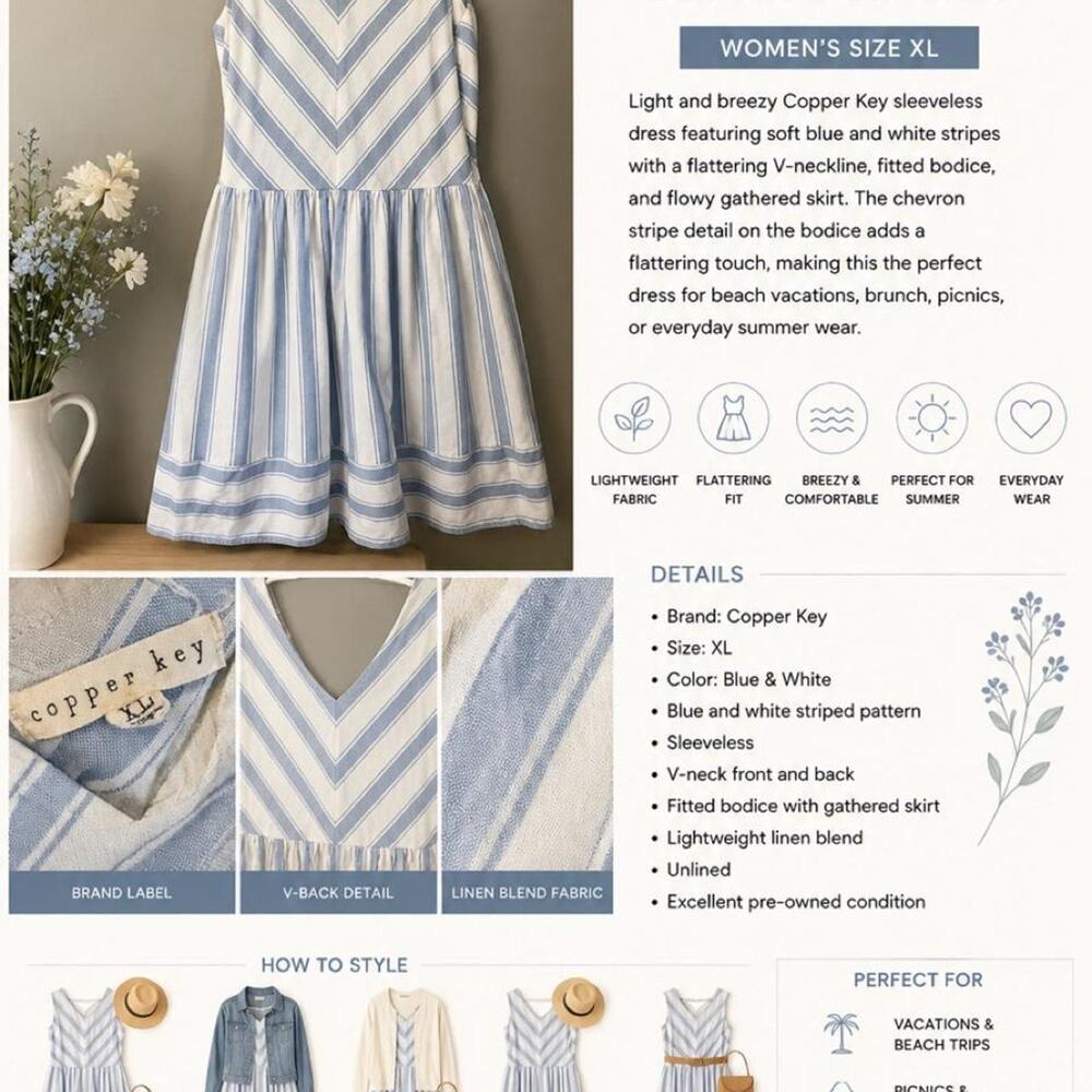 Copper key whiteblue striped linen